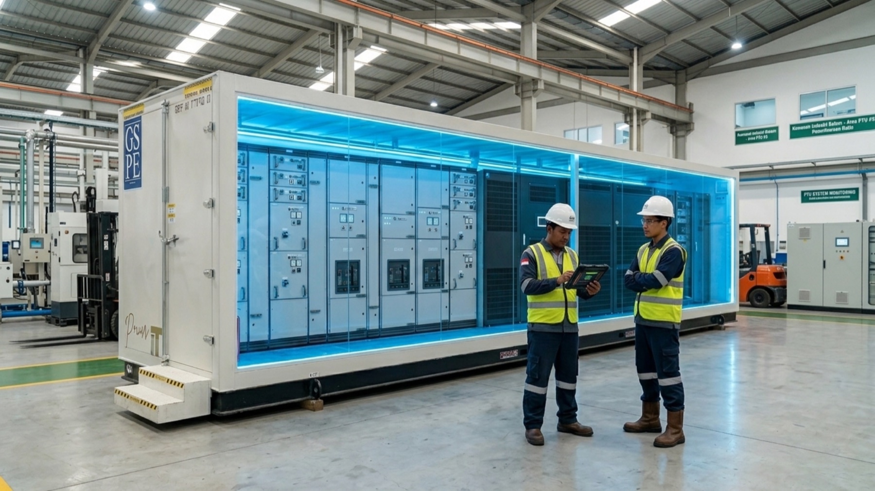 A GSPE engineer working on a containerized data center module on the factory floor